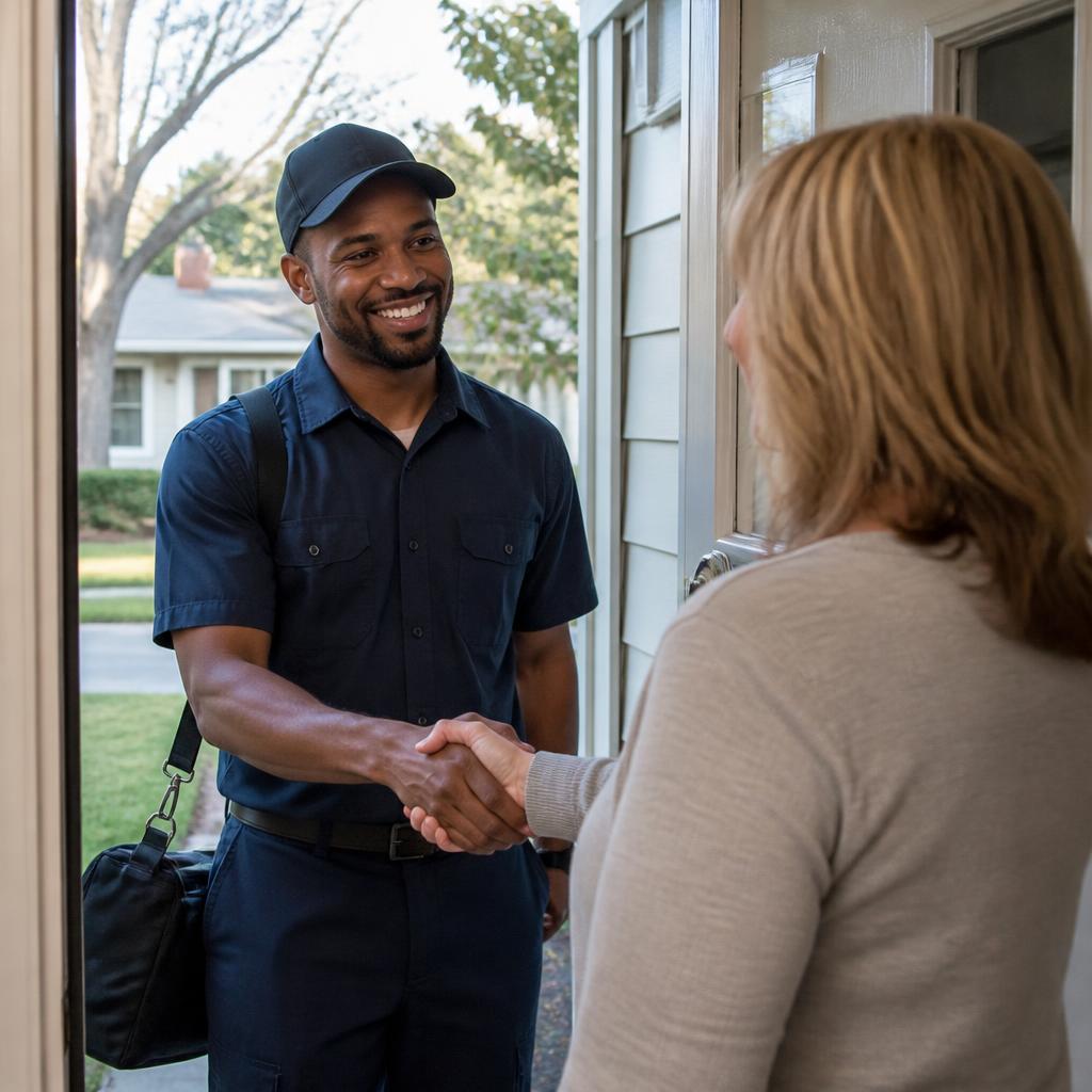 Uniformed technician greeting a homeowner at the front door