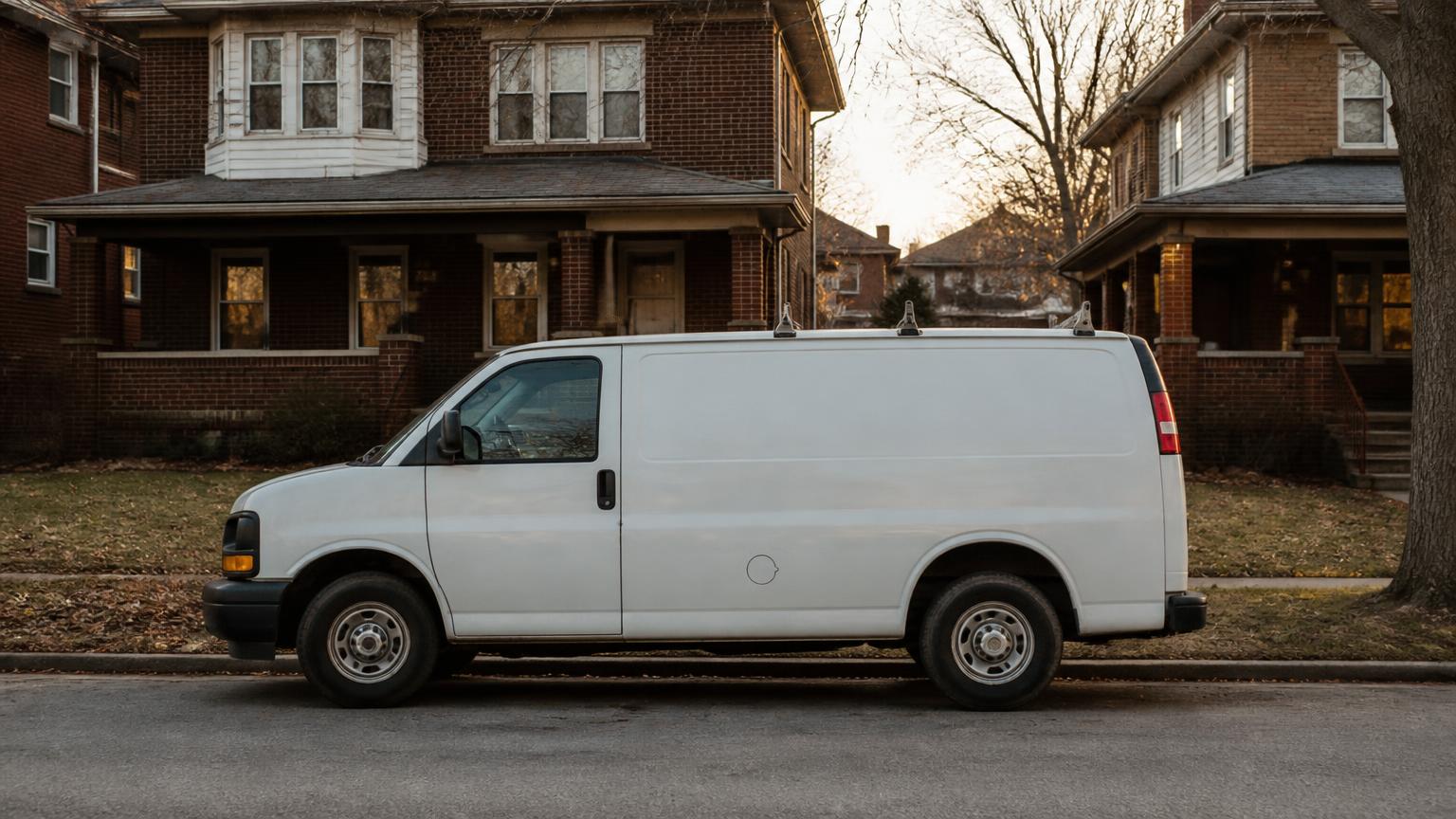 Home-service work trucks parked on a residential street