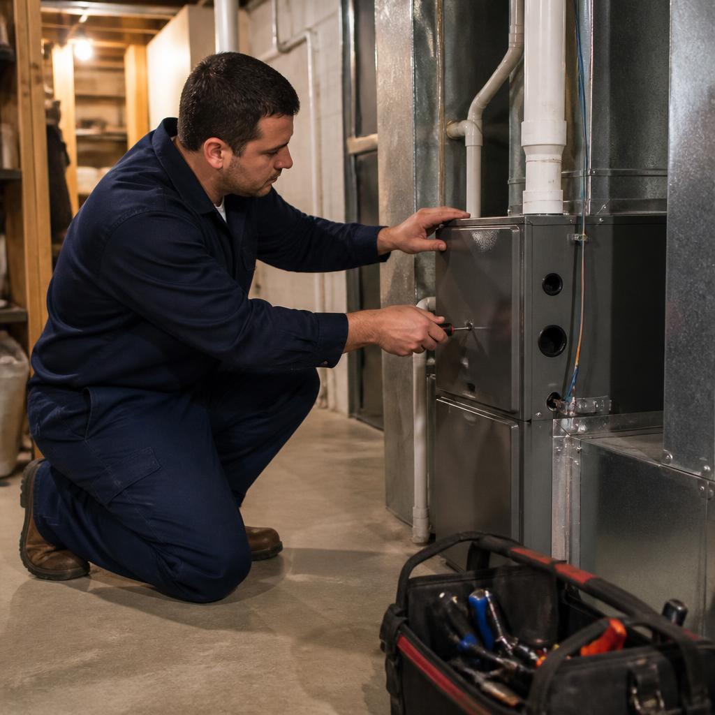 Uniformed technician working on equipment at a customer home