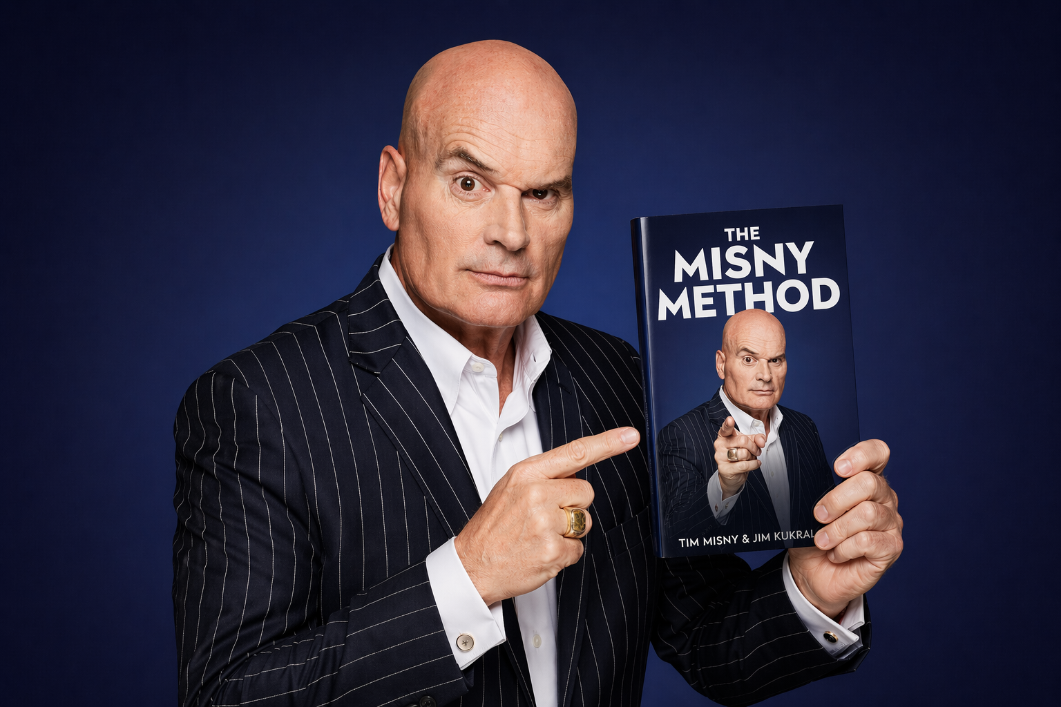 Tim Misny pointing to a copy of The Misny Method
